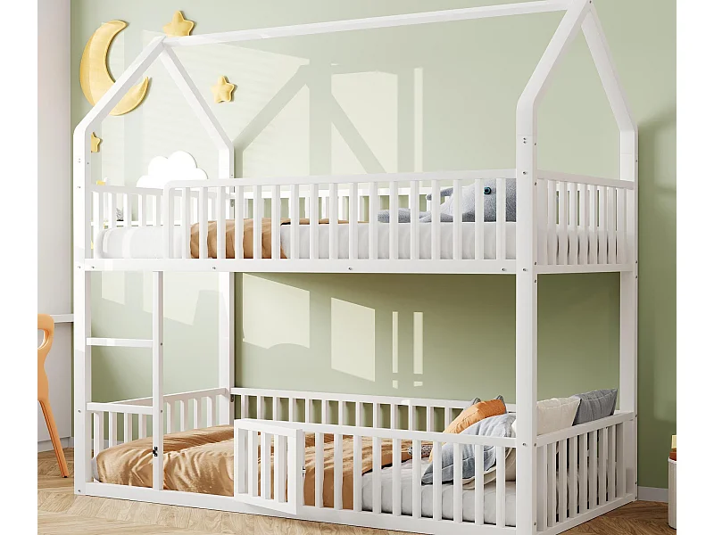 Cama superpuesta infantil 90x200 cm - con escalera - con puerta pequeña - Metal - blanco (colchón no incluido)