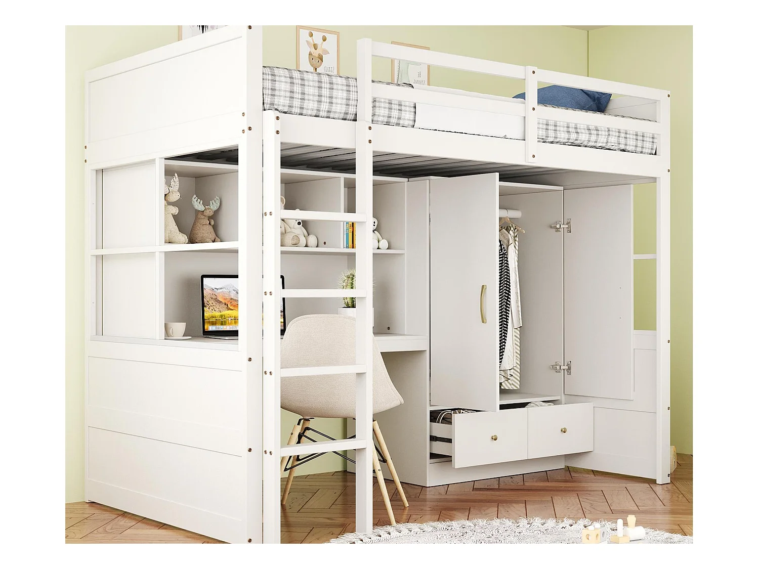 Hochbett 90x200 cm - mit Leiter - mit Schreibtisch - mit Kleiderschrank - 2 Schubladen - weiß (Matratze nicht im Lieferumfang enthalten)