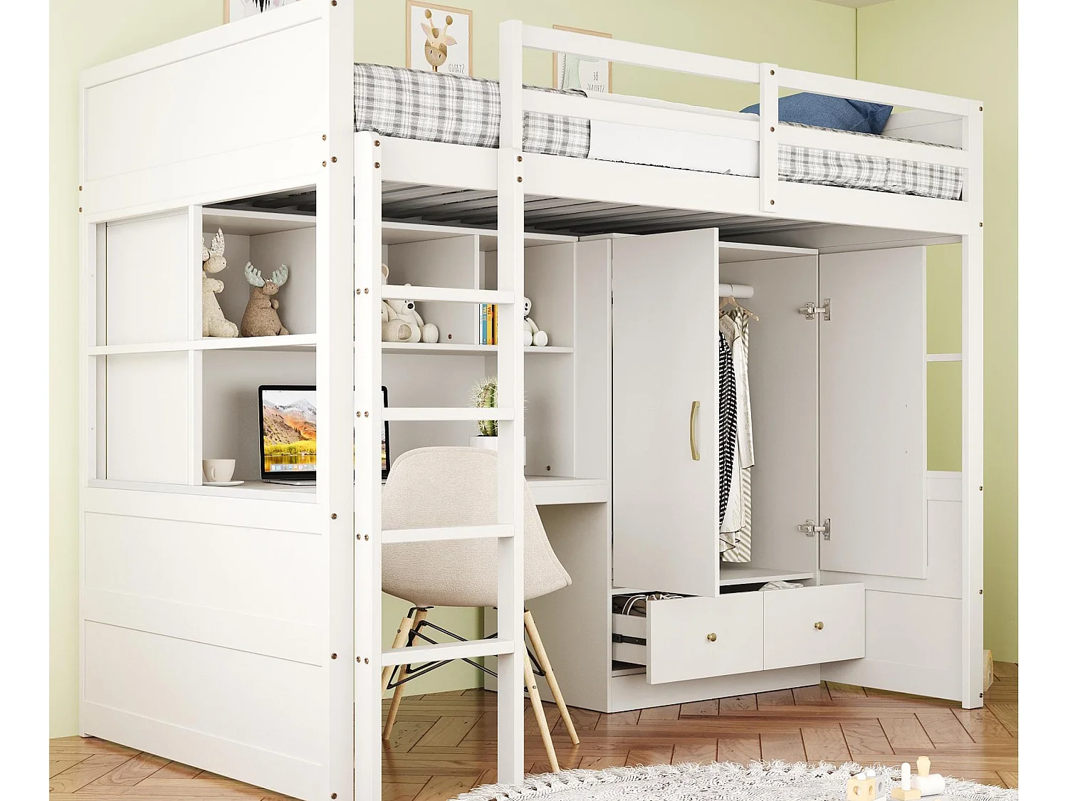 Lit mezzanine 90x200 cm - avec échelle - avec bureau - avec penderie - 2 tiroirs - blanc (matelas non inclus)