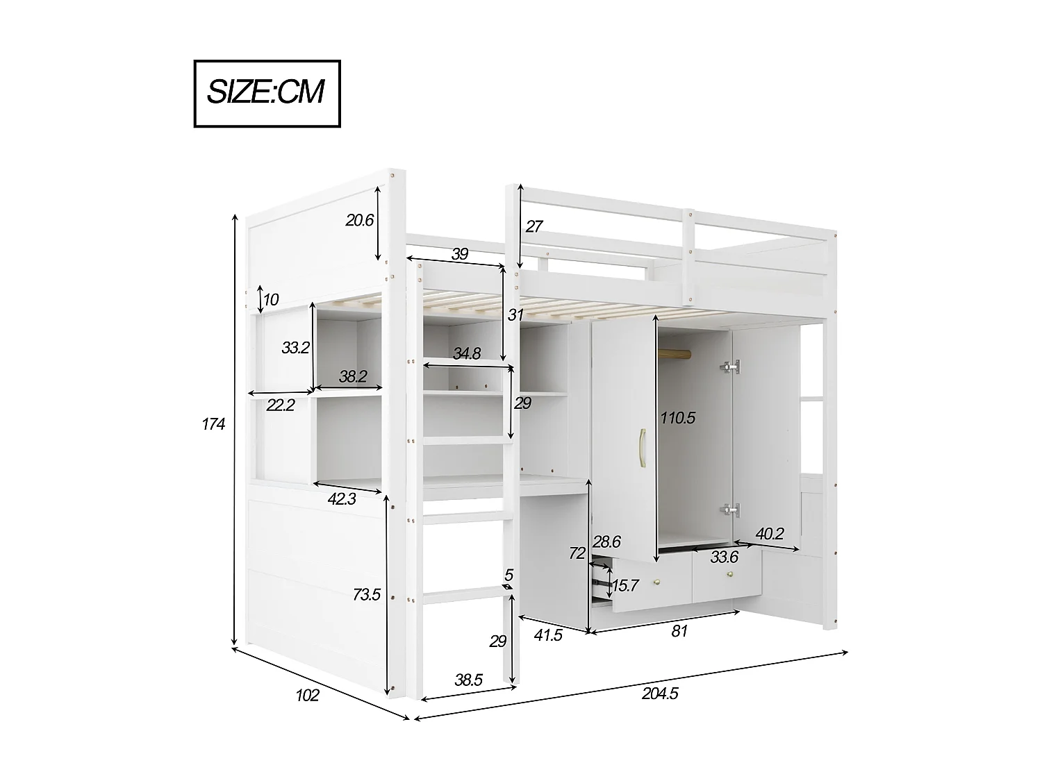 Lit mezzanine 90x200 cm - avec échelle - avec bureau - avec penderie - 2 tiroirs - blanc (matelas non inclus)