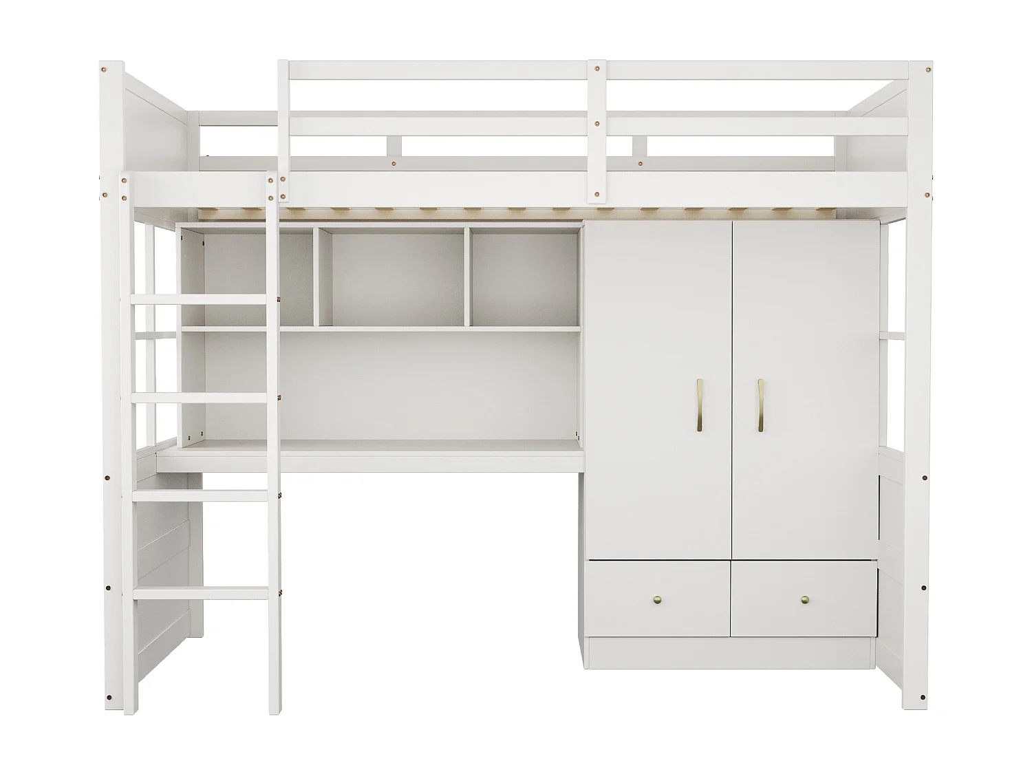 Lit mezzanine 90x200 cm - avec échelle - avec bureau - avec penderie - 2 tiroirs - blanc (matelas non inclus)