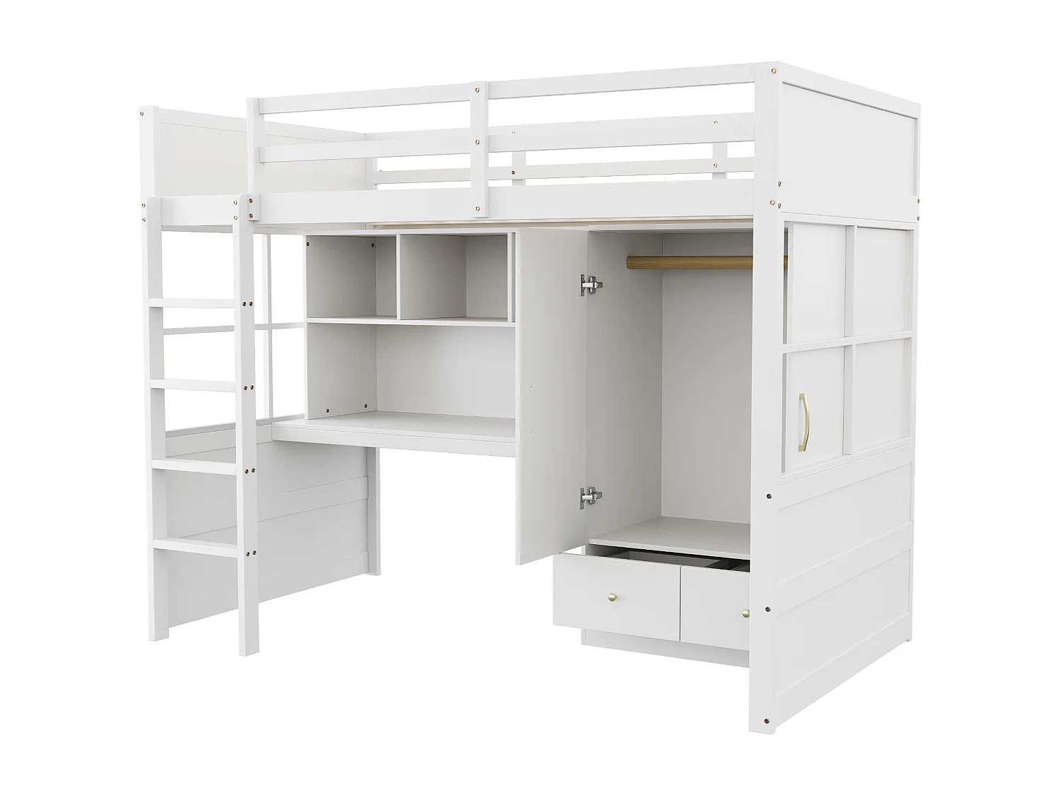 Lit mezzanine 90x200 cm - avec échelle - avec bureau - avec penderie - 2 tiroirs - blanc (matelas non inclus)