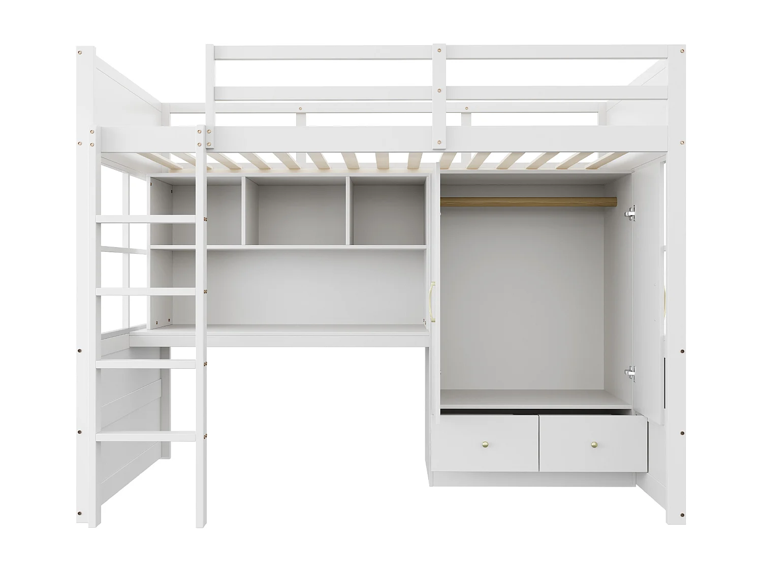 Lit mezzanine 90x200 cm - avec échelle - avec bureau - avec penderie - 2 tiroirs - blanc (matelas non inclus)