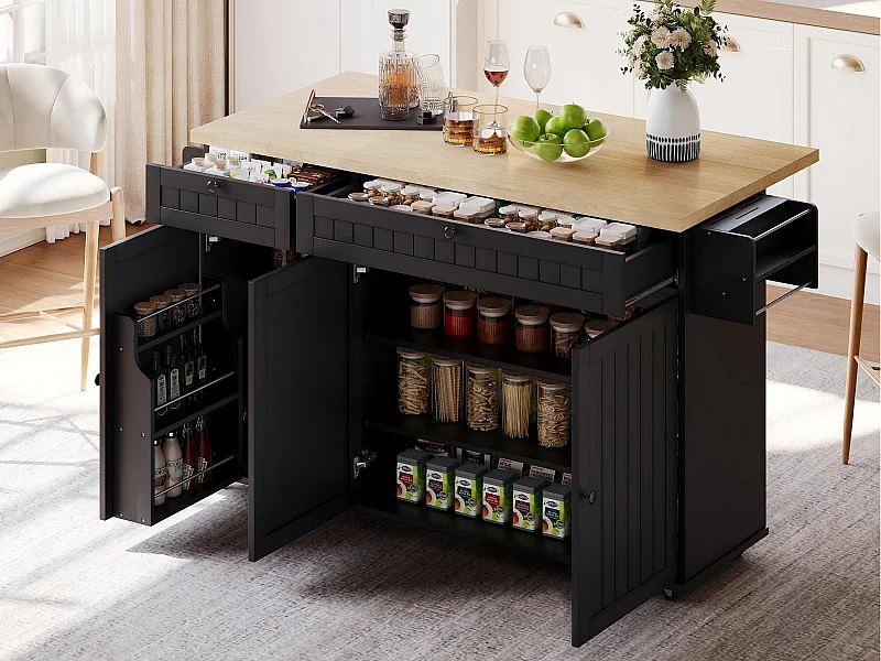 Ilot central de cuisine mobile - plateau extensible - avec roulettes verrouillables - avec 2 tiroirs et 3 portes - MDF - Noir