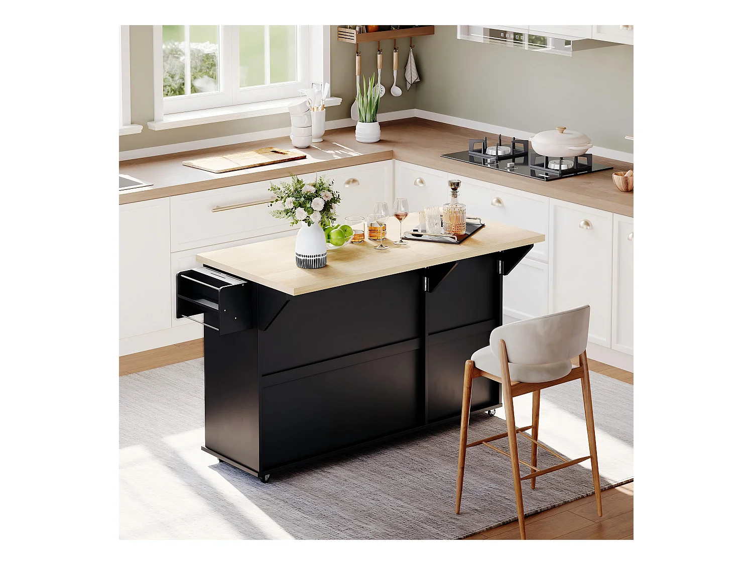 Ilot central de cuisine mobile - plateau extensible - avec roulettes verrouillables - avec 2 tiroirs et 3 portes - MDF - Noir