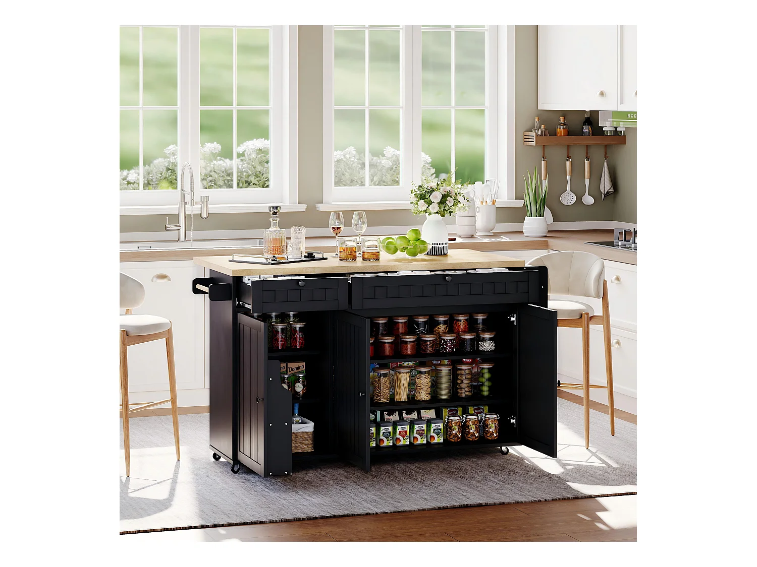 Ilot central de cuisine mobile - plateau extensible - avec roulettes verrouillables - avec 2 tiroirs et 3 portes - MDF - Noir