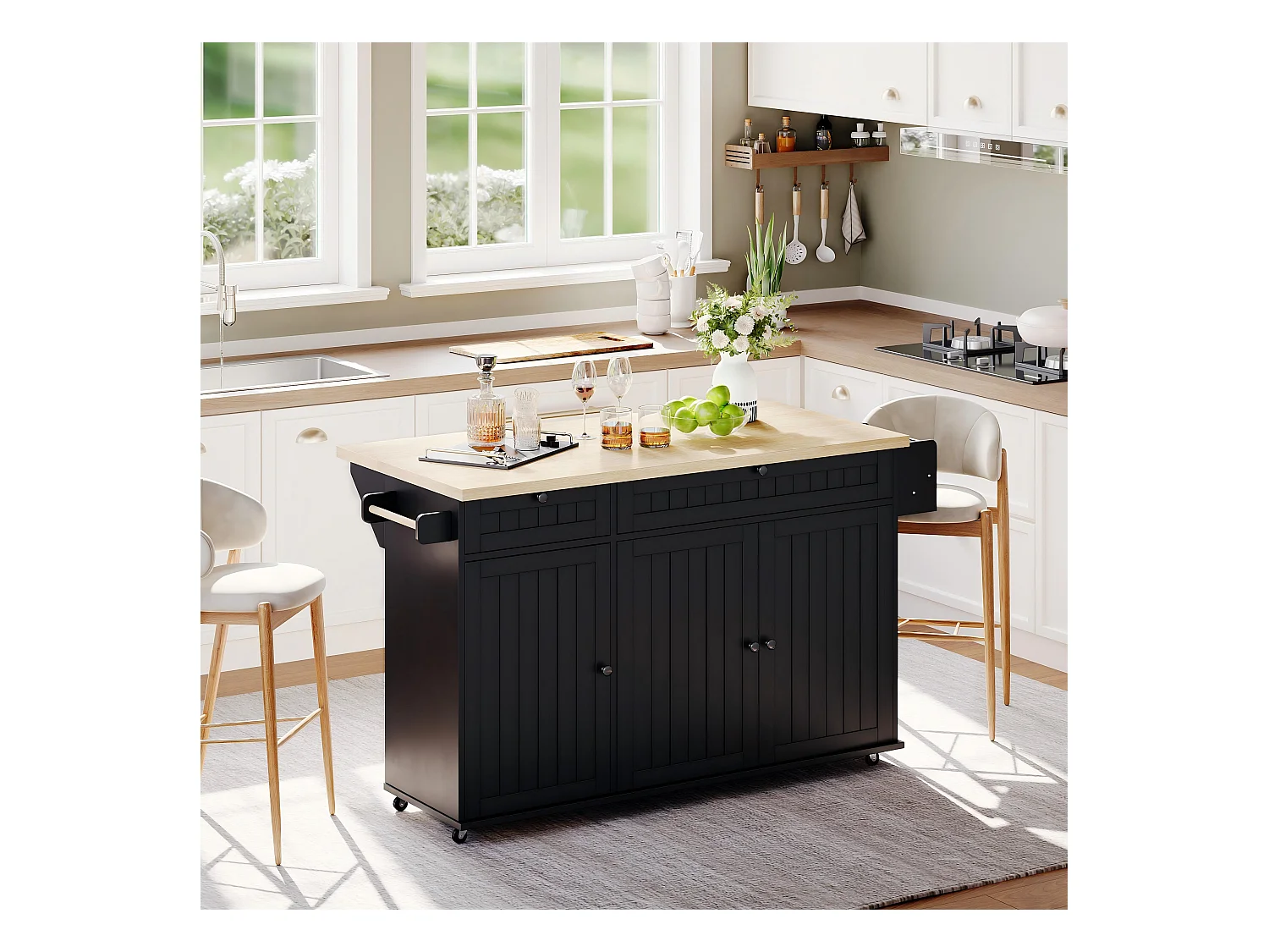 Ilot central de cuisine mobile - plateau extensible - avec roulettes verrouillables - avec 2 tiroirs et 3 portes - MDF - Noir