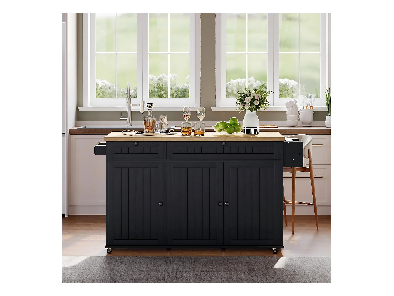 Ilot central de cuisine mobile - plateau extensible - avec roulettes verrouillables - avec 2 tiroirs et 3 portes - MDF - Noir