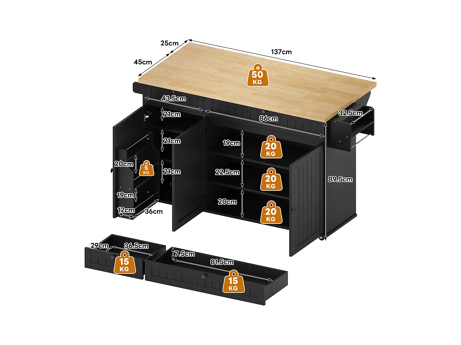 Ilot central de cuisine mobile - plateau extensible - avec roulettes verrouillables - avec 2 tiroirs et 3 portes - MDF - Noir