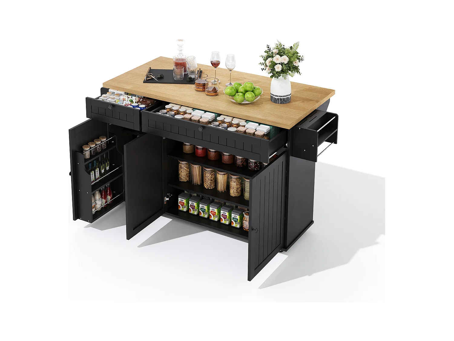 Ilot central de cuisine mobile - plateau extensible - avec roulettes verrouillables - avec 2 tiroirs et 3 portes - MDF - Noir