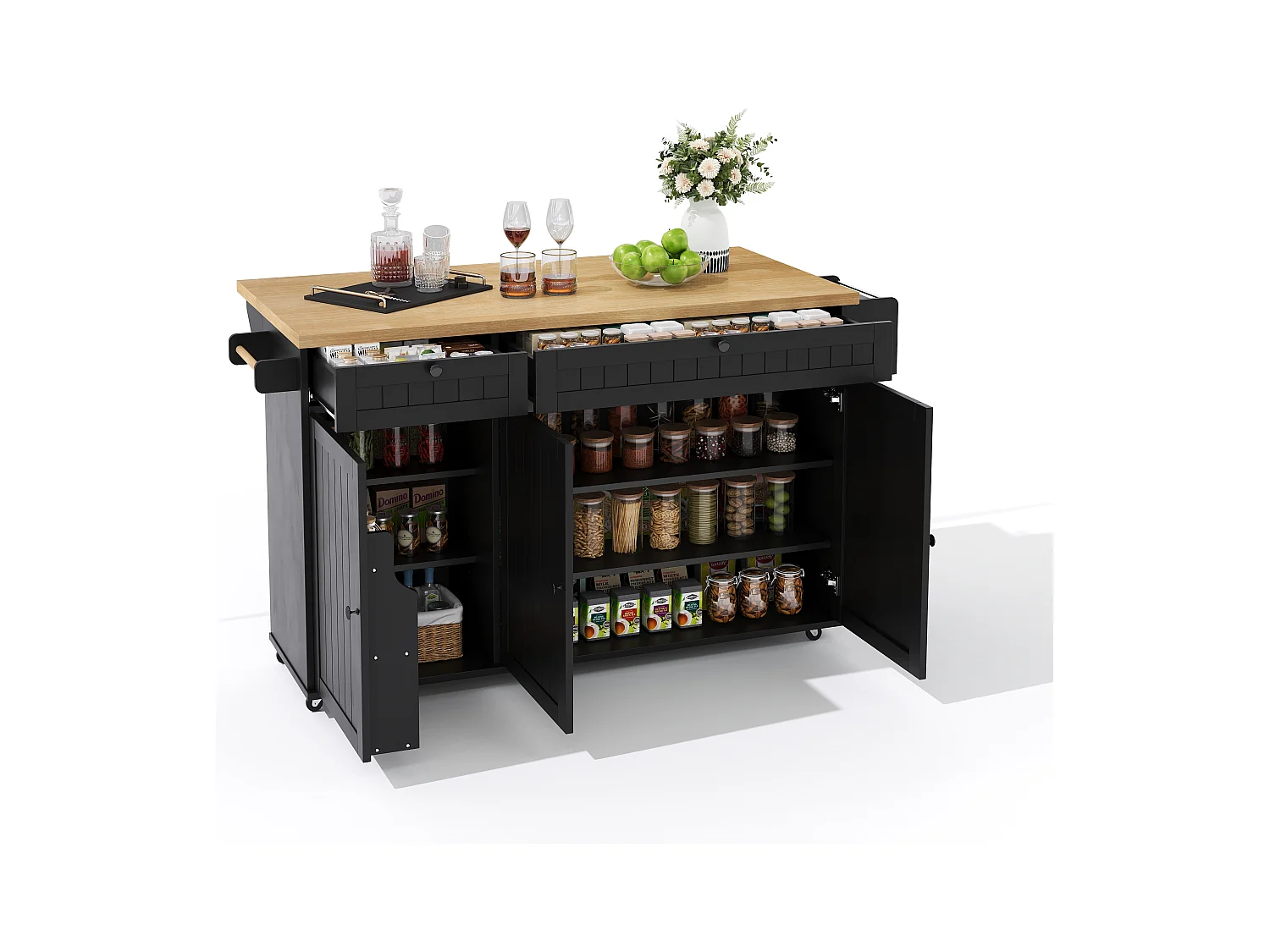 Ilot central de cuisine mobile - plateau extensible - avec roulettes verrouillables - avec 2 tiroirs et 3 portes - MDF - Noir