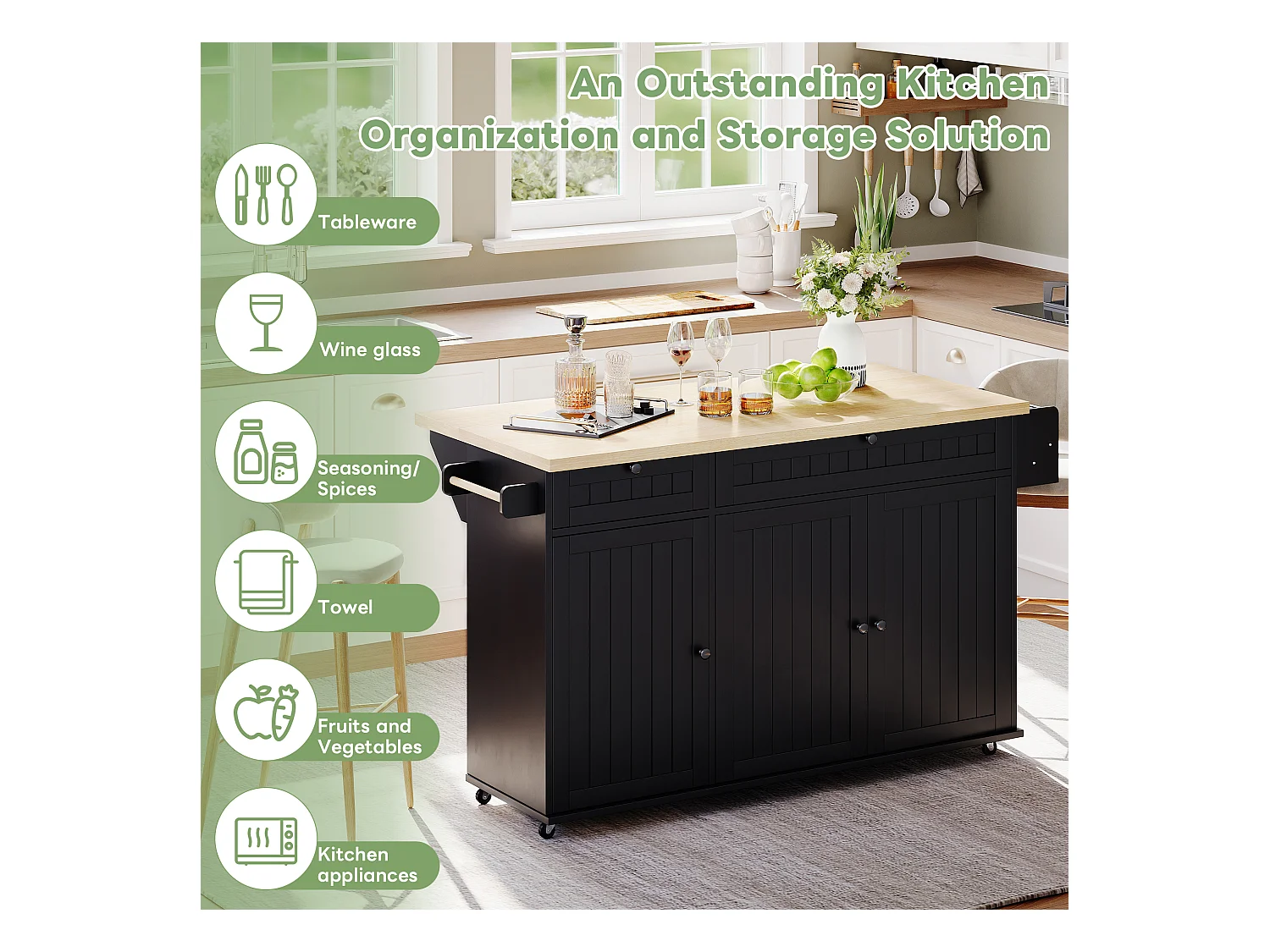 Ilot central de cuisine mobile - plateau extensible - avec roulettes verrouillables - avec 2 tiroirs et 3 portes - MDF - Noir