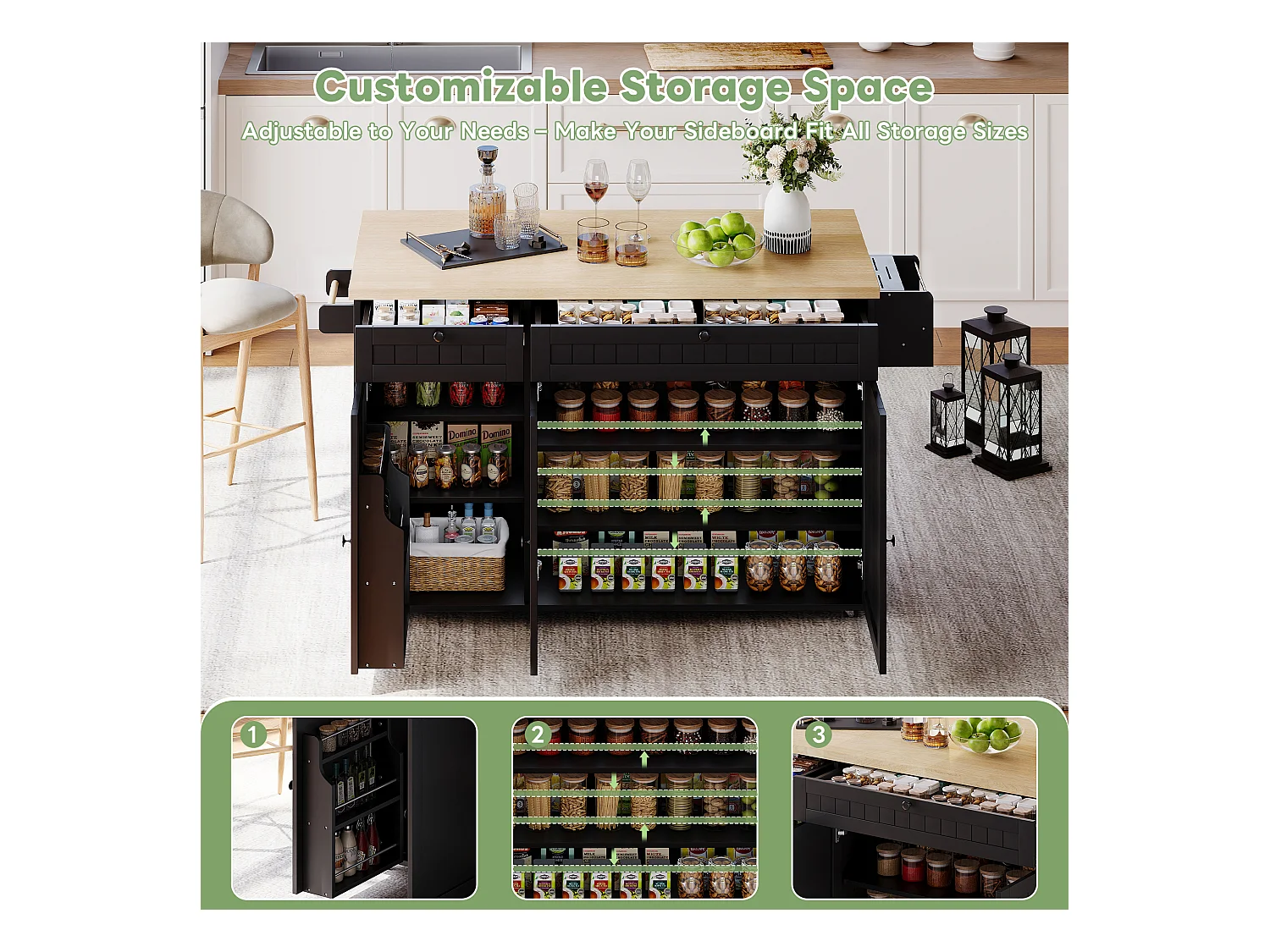 Ilot central de cuisine mobile - plateau extensible - avec roulettes verrouillables - avec 2 tiroirs et 3 portes - MDF - Noir