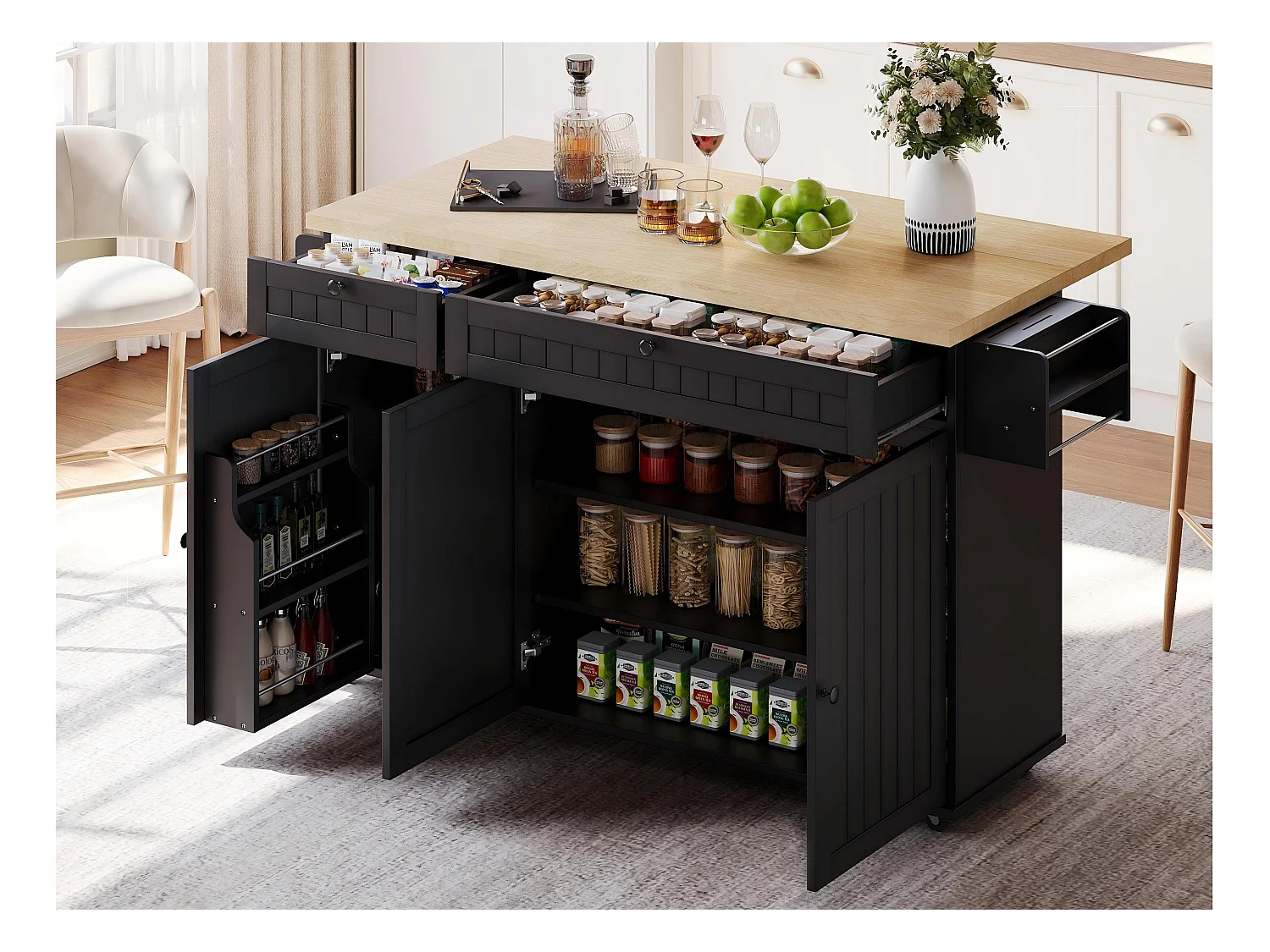 Ilot central de cuisine mobile - plateau extensible - avec roulettes verrouillables - avec 2 tiroirs et 3 portes - MDF - Noir