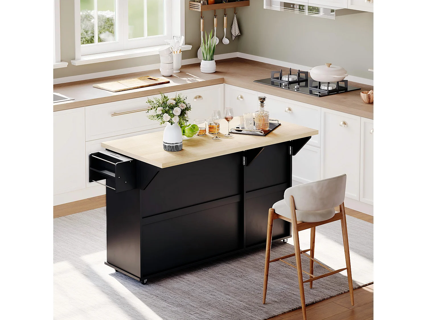 Ilot central de cuisine mobile - plateau extensible - avec roulettes verrouillables - avec 2 tiroirs et 3 portes - MDF - Noir