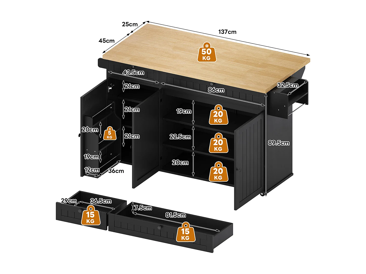 Ilot central de cuisine mobile - plateau extensible - avec roulettes verrouillables - avec 2 tiroirs et 3 portes - MDF - Noir