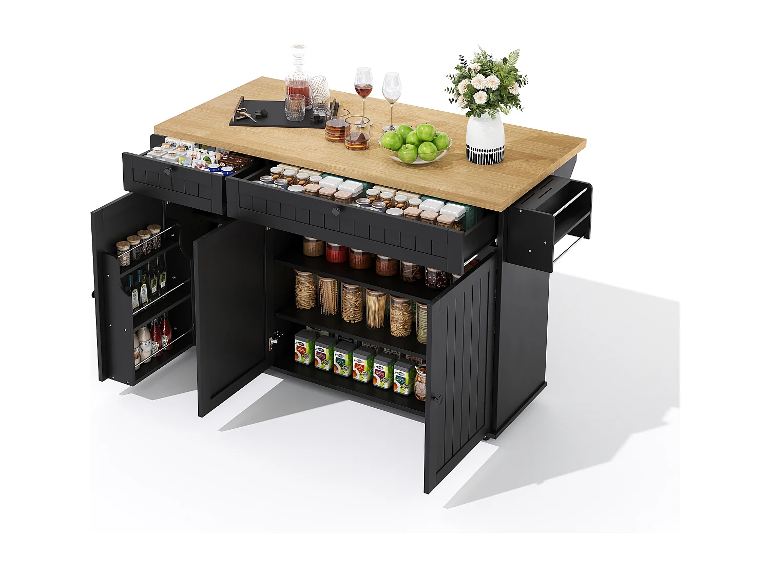 Ilot central de cuisine mobile - plateau extensible - avec roulettes verrouillables - avec 2 tiroirs et 3 portes - MDF - Noir