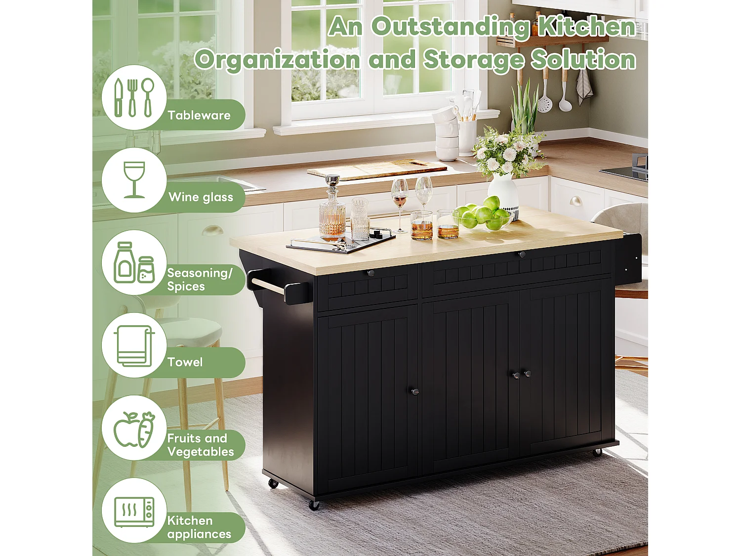 Ilot central de cuisine mobile - plateau extensible - avec roulettes verrouillables - avec 2 tiroirs et 3 portes - MDF - Noir