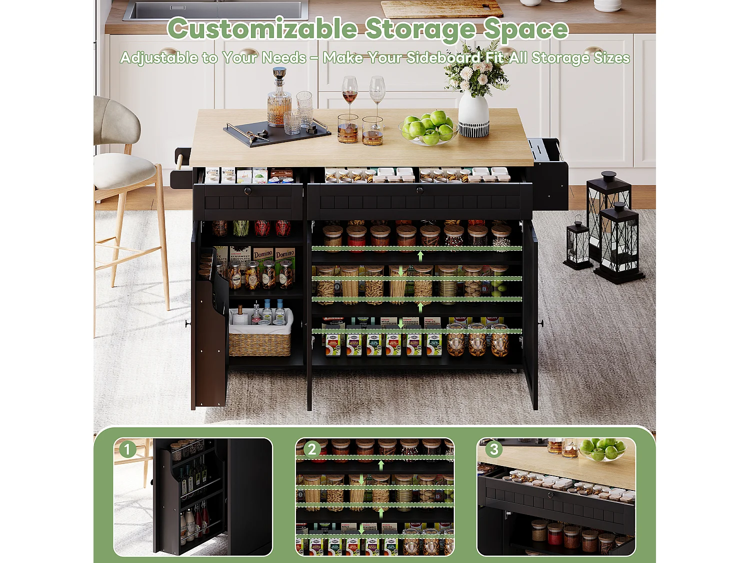 Ilot central de cuisine mobile - plateau extensible - avec roulettes verrouillables - avec 2 tiroirs et 3 portes - MDF - Noir