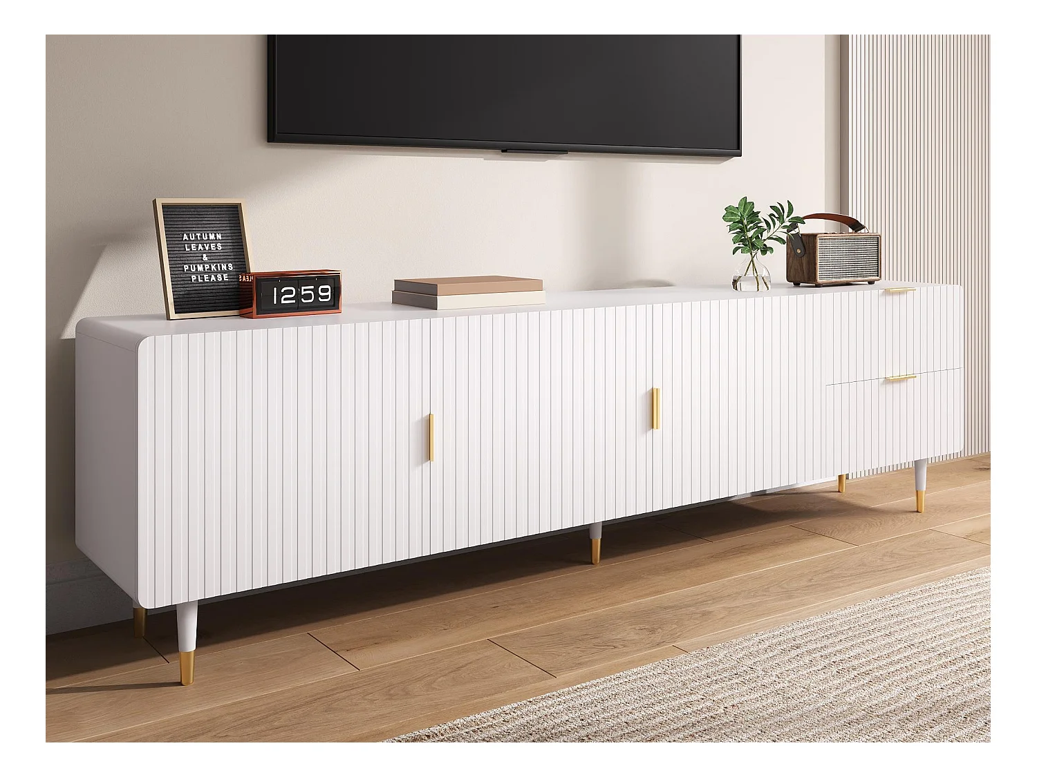 Meuble TV 170x36x55 cm - 3 portes et 2 tiroirs - pieds réglables dorés - MDF - blanc