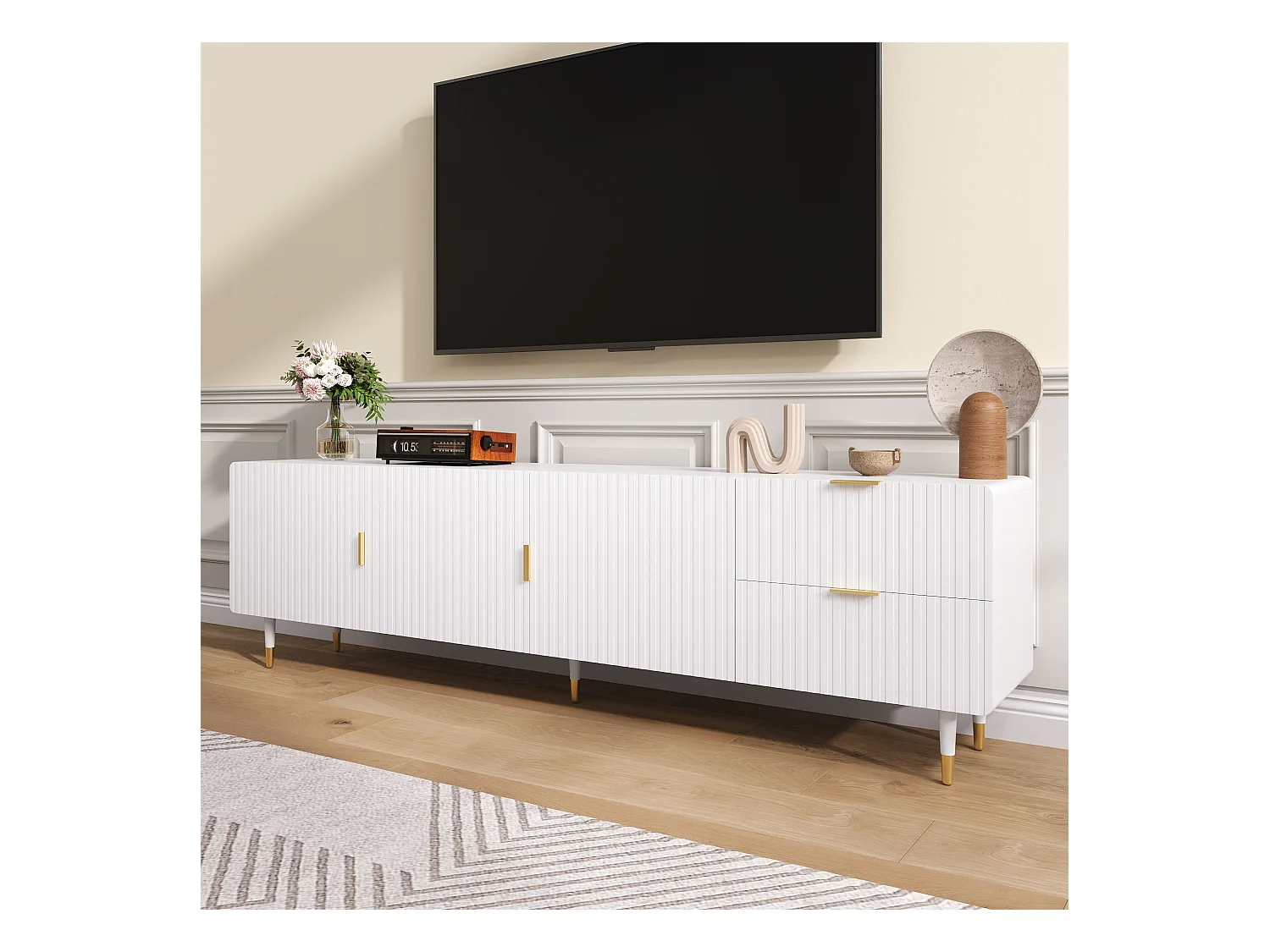 Meuble TV 170x36x55 cm - 3 portes et 2 tiroirs - pieds réglables dorés - MDF - blanc