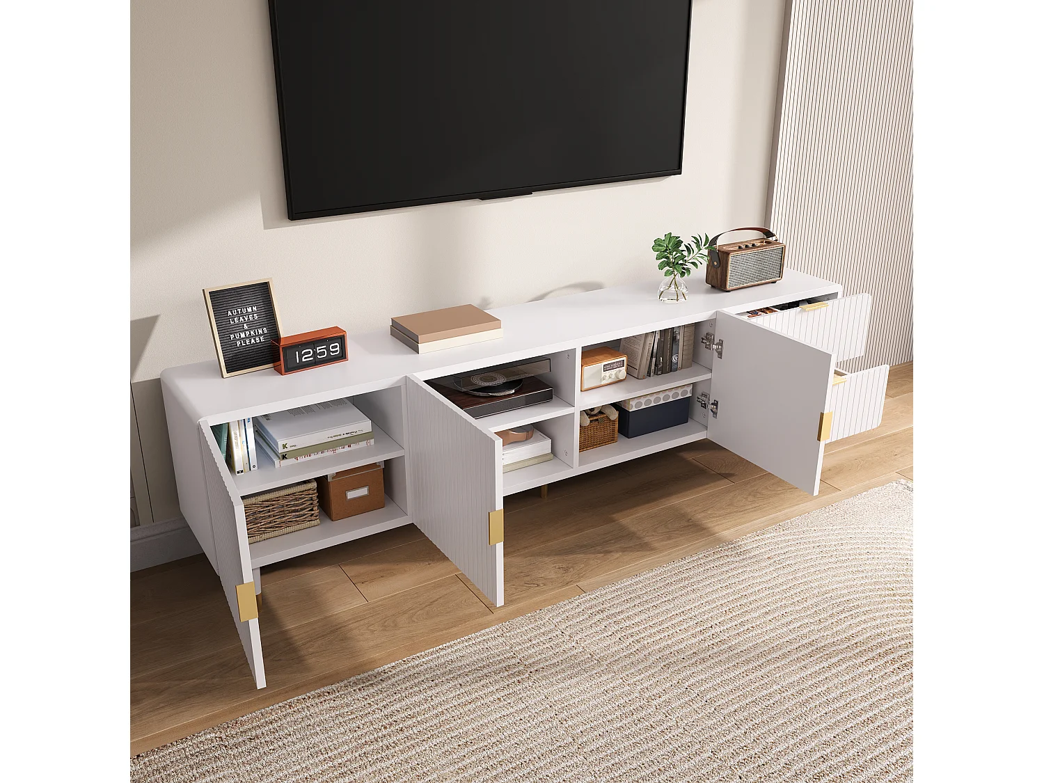 Móvel para TV 170x36x55 cm - 3 portas e 2 gavetas - pés ajustáveis dourados - MDF - branco