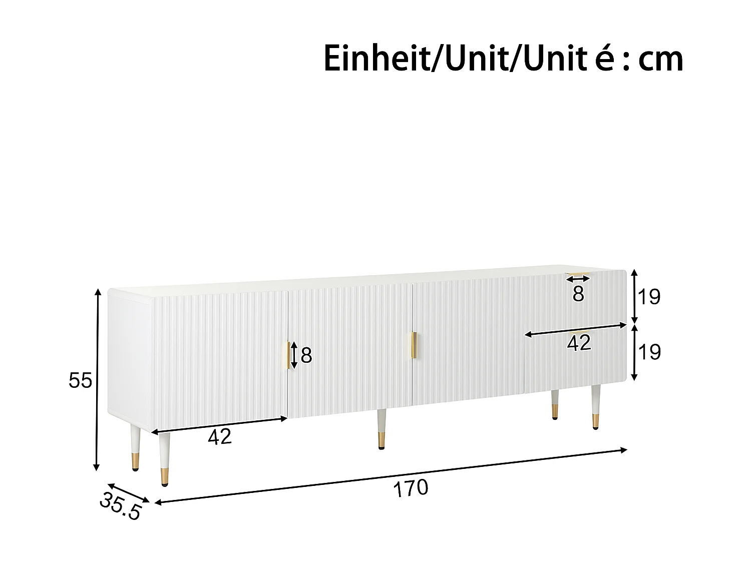 Móvel para TV 170x36x55 cm - 3 portas e 2 gavetas - pés ajustáveis dourados - MDF - branco