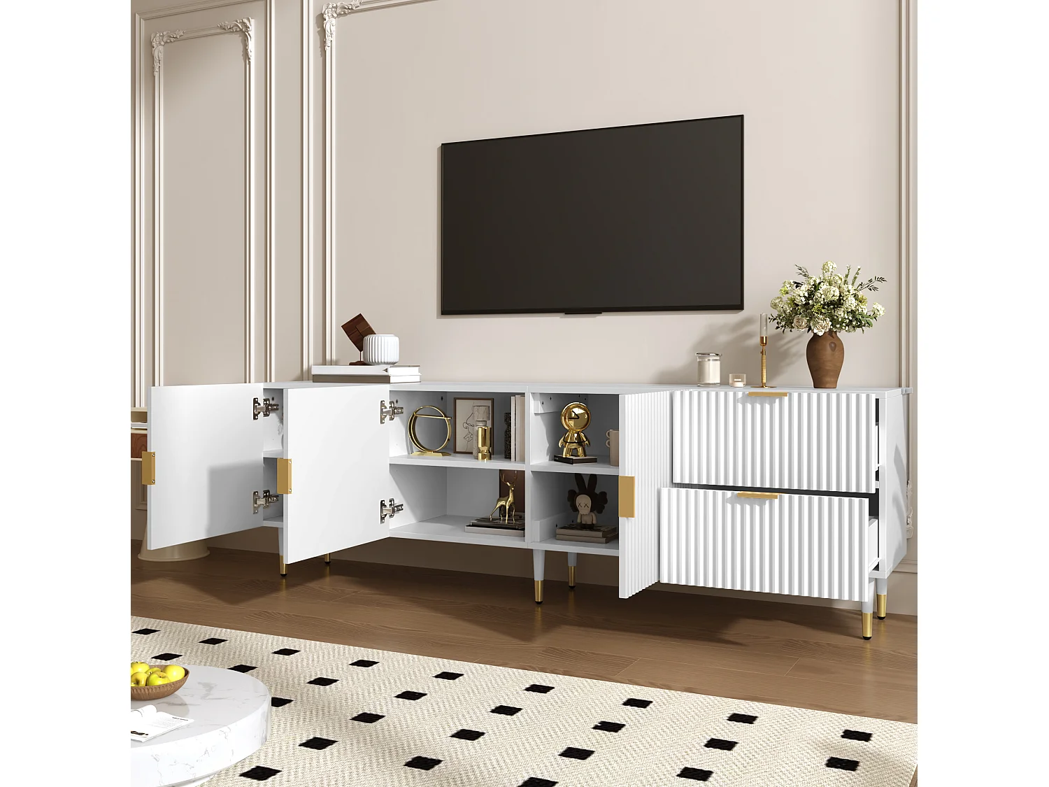 Meuble TV 170x36x55 cm - 3 portes et 2 tiroirs - pieds réglables dorés - MDF - blanc