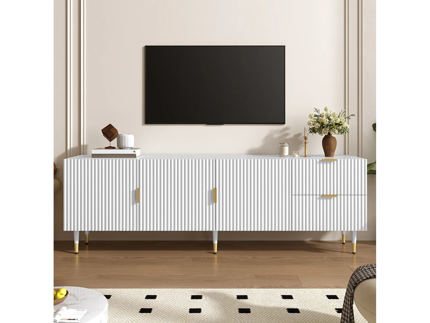 Meuble TV 170x36x55 cm - 3 portes et 2 tiroirs - pieds réglables dorés - MDF - blanc