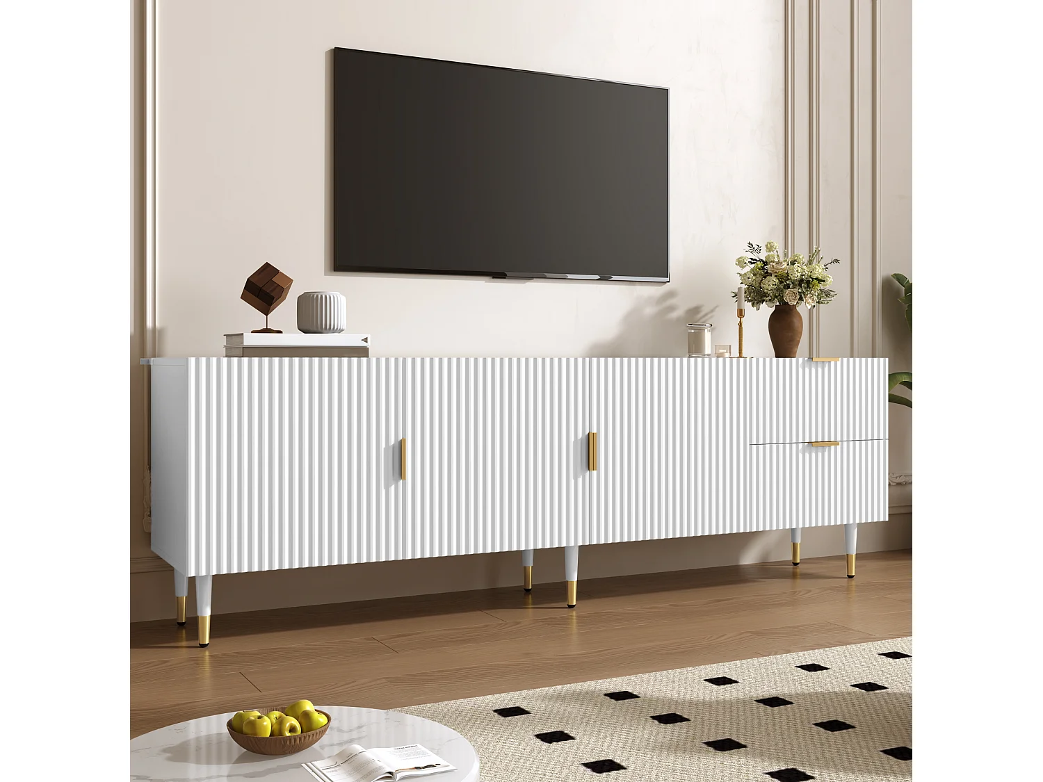 Meuble TV 170x36x55 cm - 3 portes et 2 tiroirs - pieds réglables dorés - MDF - blanc