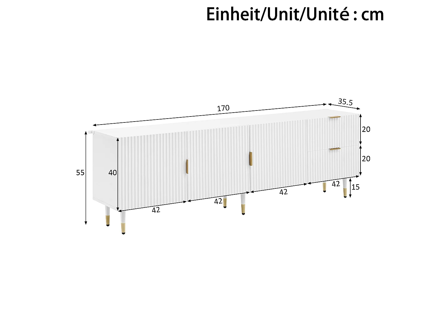 Meuble TV 170x36x55 cm - 3 portes et 2 tiroirs - pieds réglables dorés - MDF - blanc