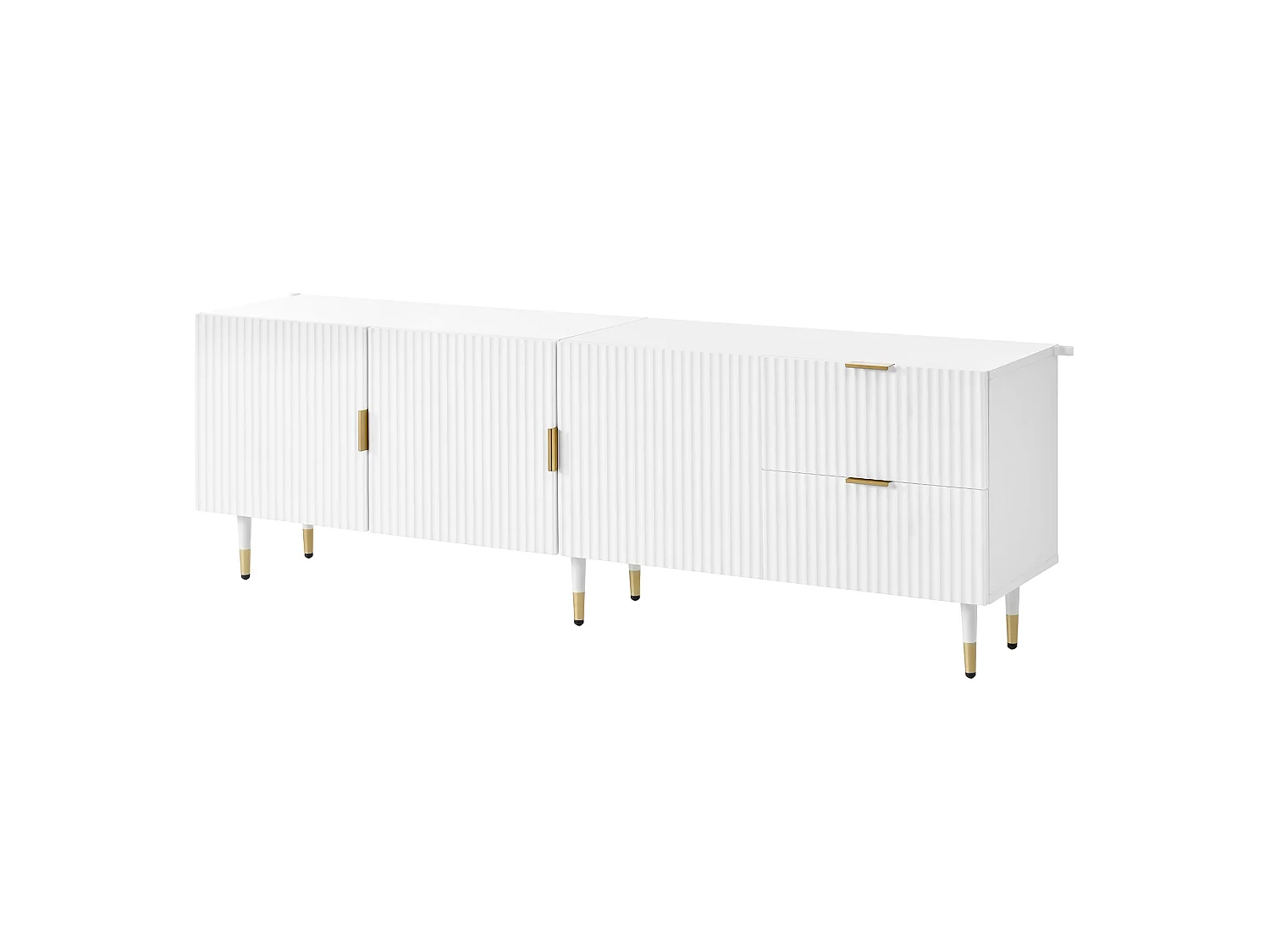 Meuble TV 170x36x55 cm - 3 portes et 2 tiroirs - pieds réglables dorés - MDF - blanc
