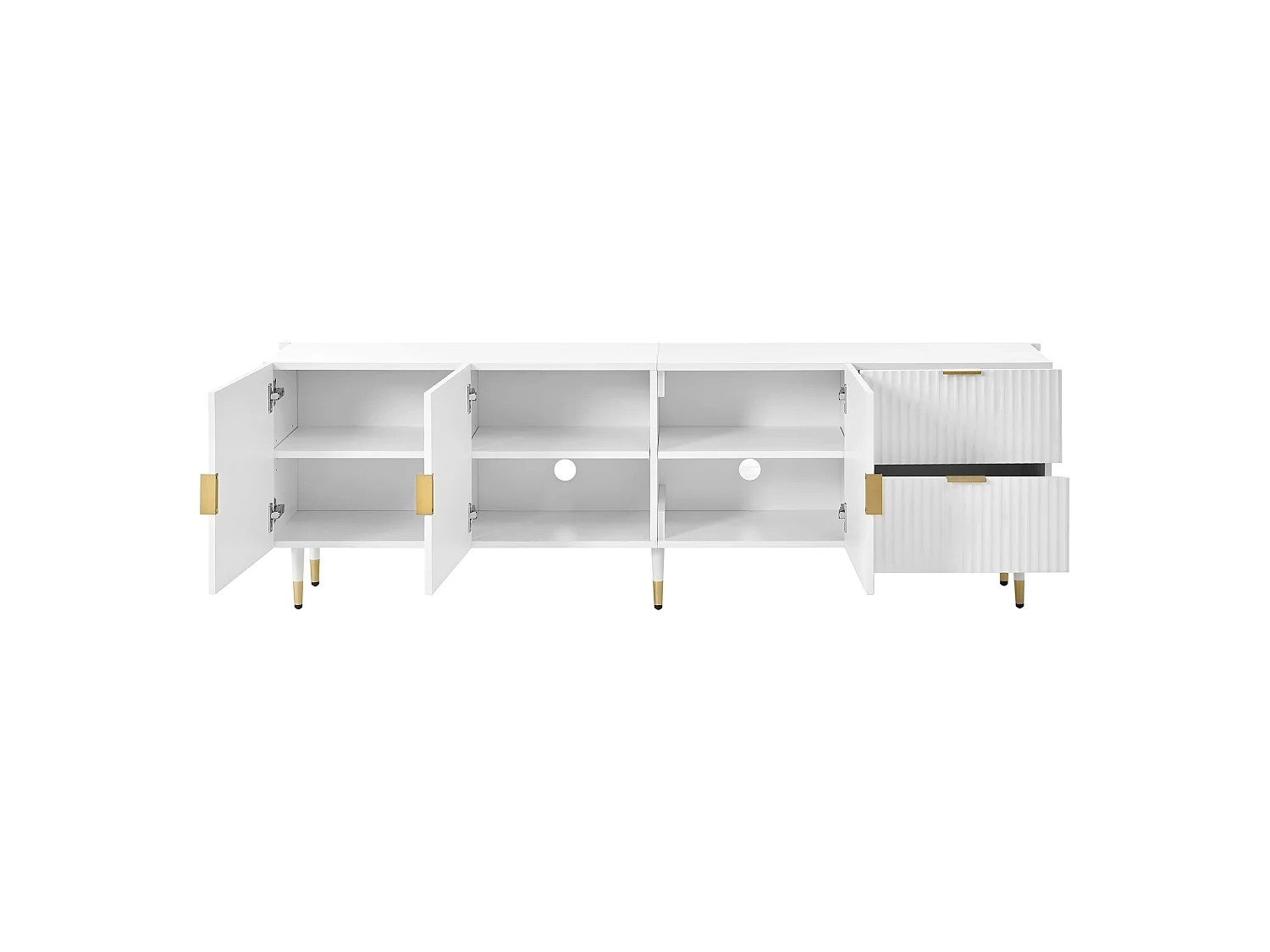 Meuble TV 170x36x55 cm - 3 portes et 2 tiroirs - pieds réglables dorés - MDF - blanc
