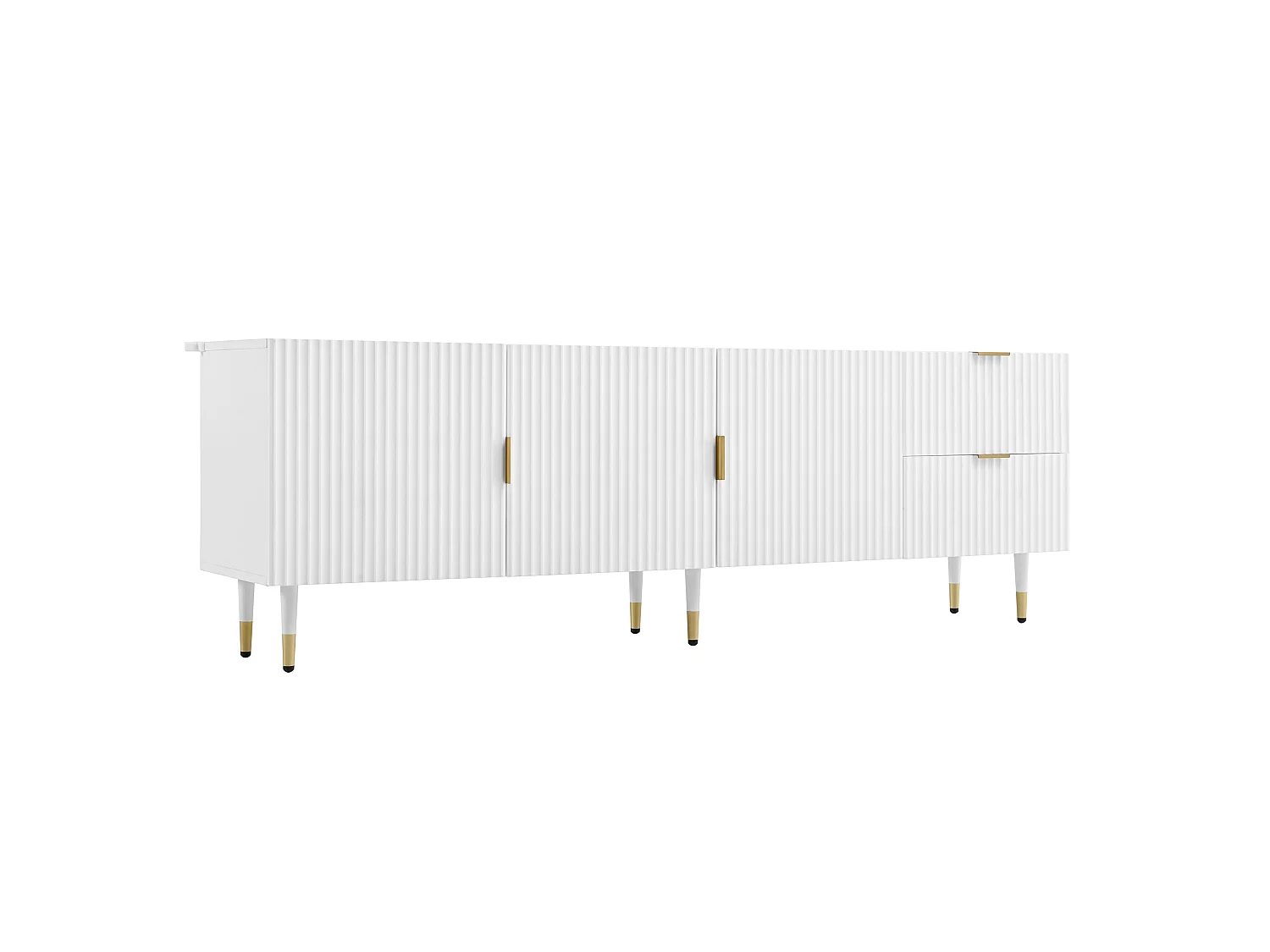 Meuble TV 170x36x55 cm - 3 portes et 2 tiroirs - pieds réglables dorés - MDF - blanc