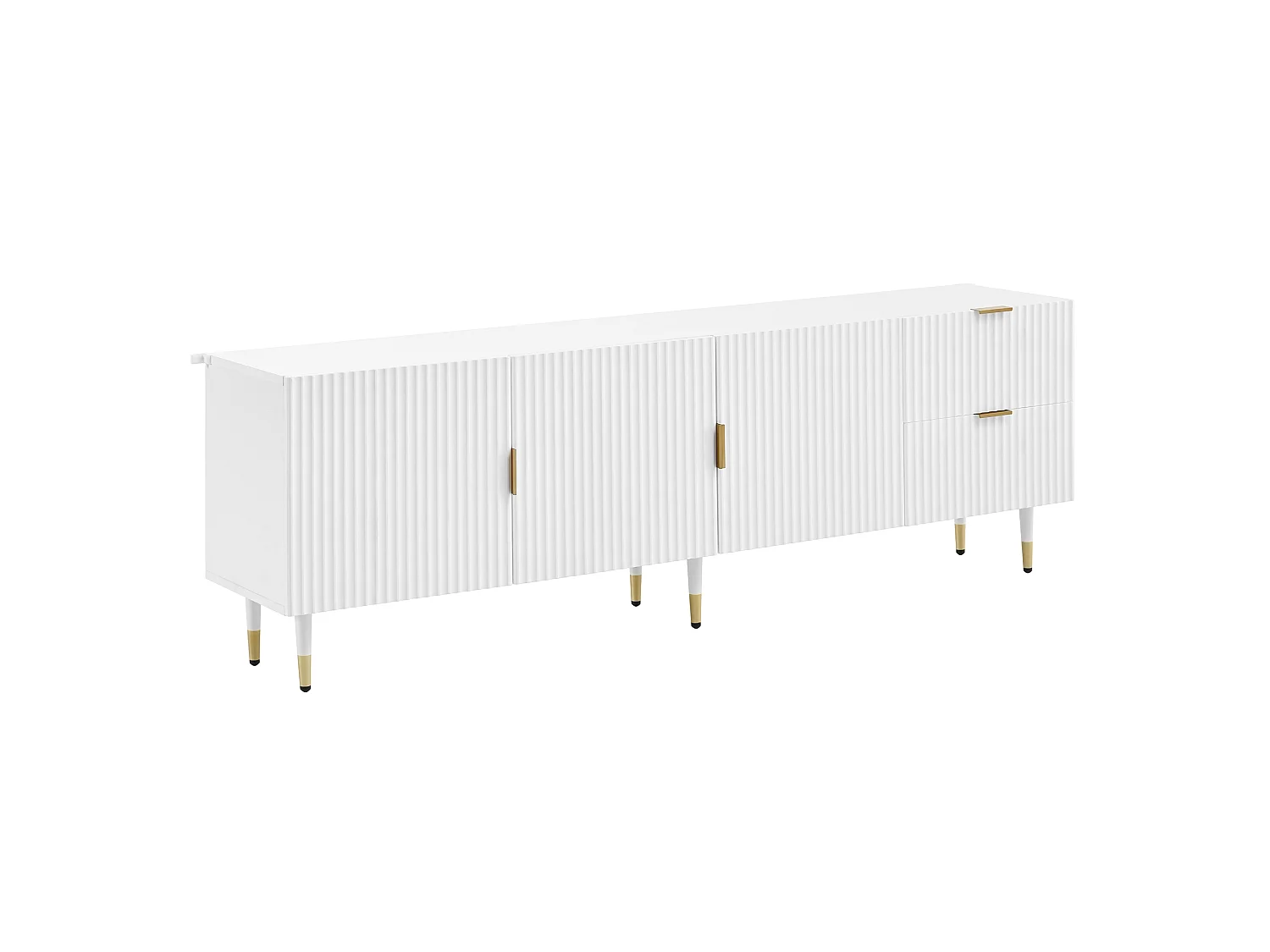 Meuble TV 170x36x55 cm - 3 portes et 2 tiroirs - pieds réglables dorés - MDF - blanc