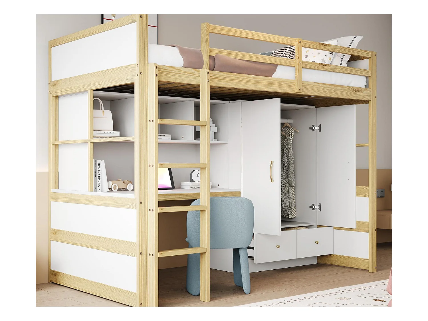 Lit mezzanine 90x200 cm - avec échelle - avec bureau - avec penderie - 2 tiroirs - naturel (matelas non inclus)