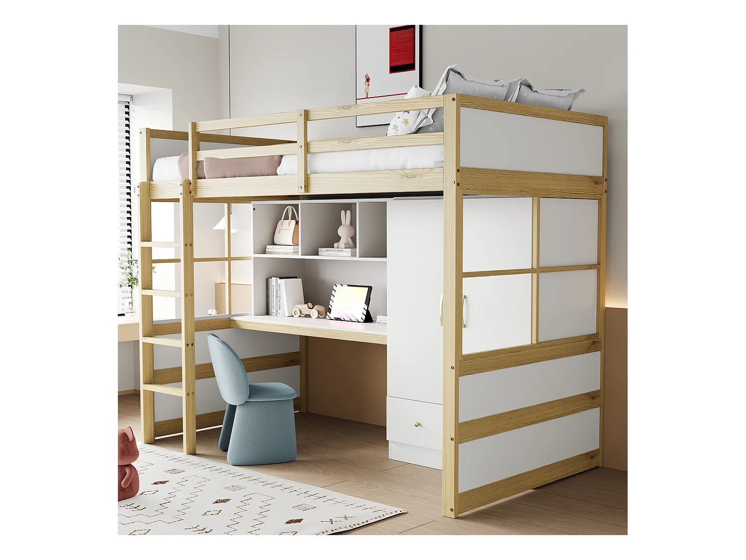 Lit mezzanine 90x200 cm - avec échelle - avec bureau - avec penderie - 2 tiroirs - naturel (matelas non inclus)