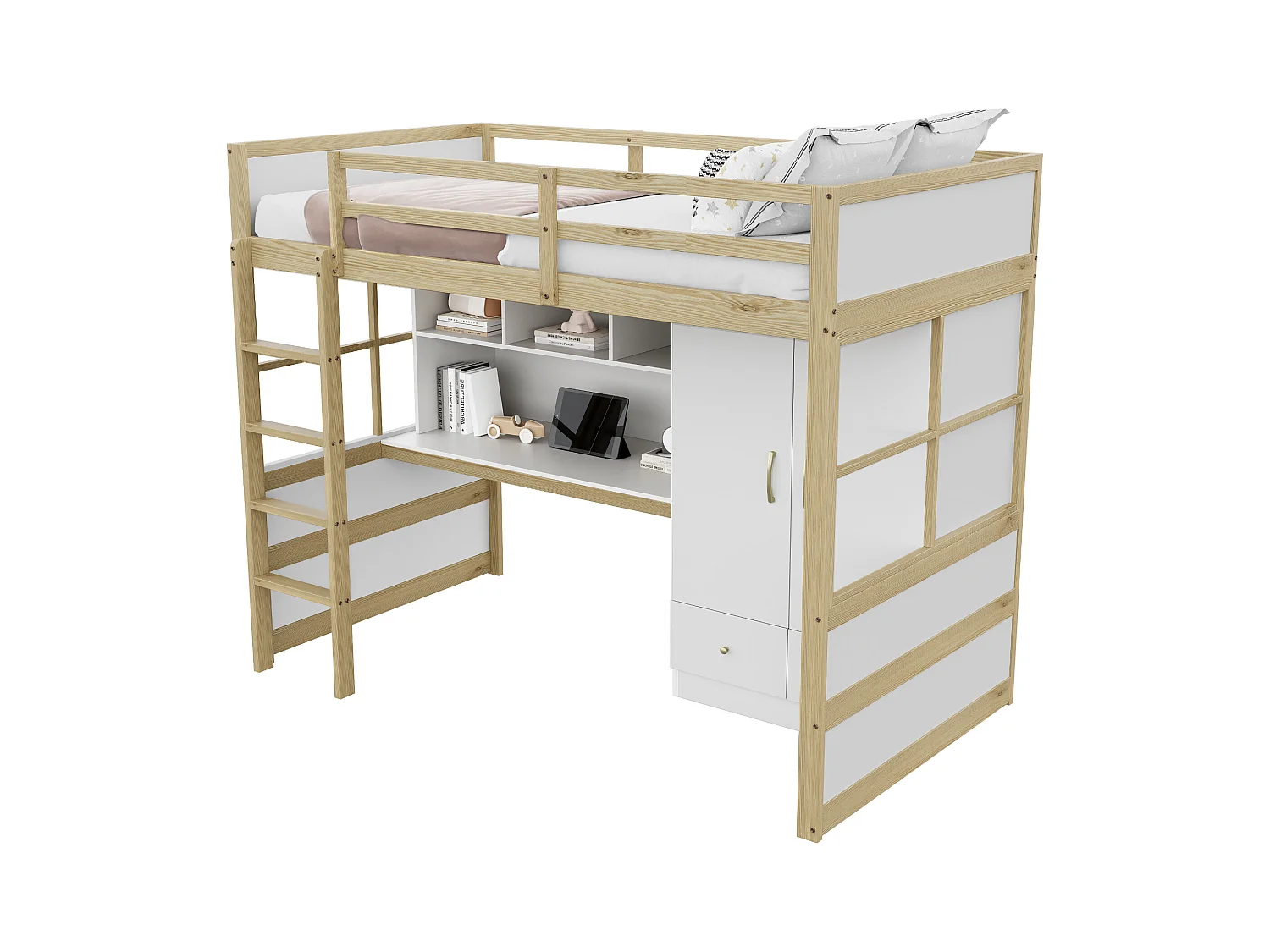 Lit mezzanine 90x200 cm - avec échelle - avec bureau - avec penderie - 2 tiroirs - naturel (matelas non inclus)
