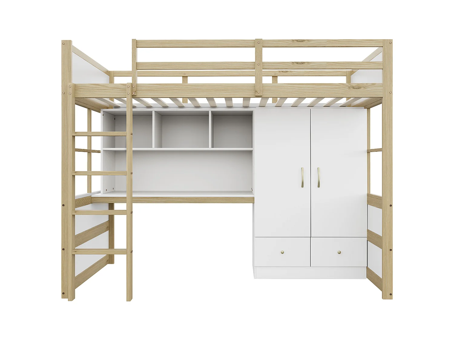 Lit mezzanine 90x200 cm - avec échelle - avec bureau - avec penderie - 2 tiroirs - naturel (matelas non inclus)