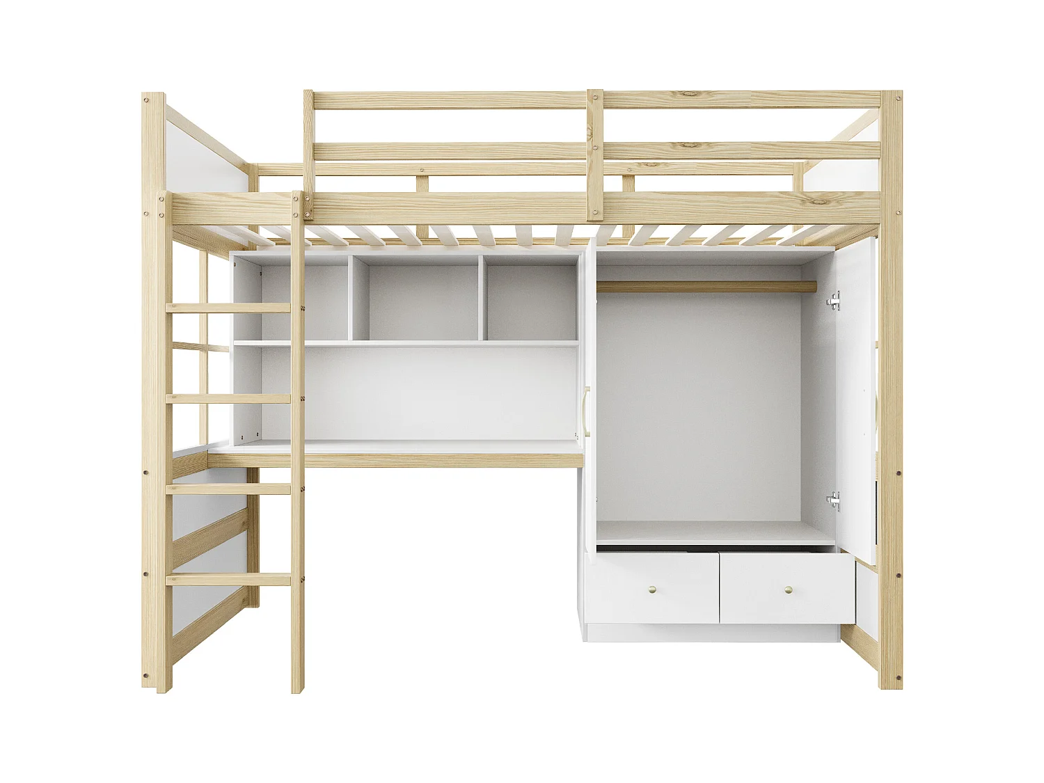 Lit mezzanine 90x200 cm - avec échelle - avec bureau - avec penderie - 2 tiroirs - naturel (matelas non inclus)