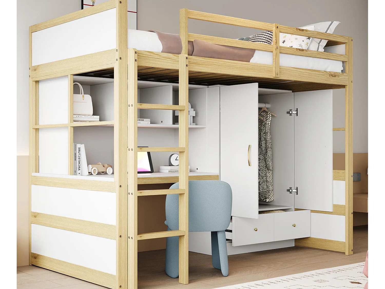 Lit mezzanine 90x200 cm - avec échelle - avec bureau - avec penderie - 2 tiroirs - naturel (matelas non inclus)