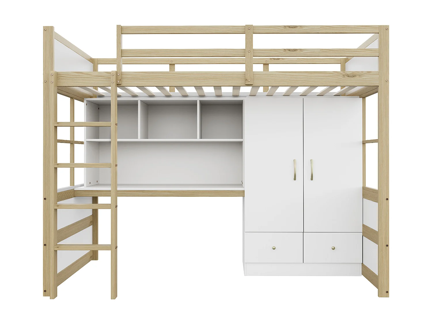 Lit mezzanine 90x200 cm - avec échelle - avec bureau - avec penderie - 2 tiroirs - naturel (matelas non inclus)
