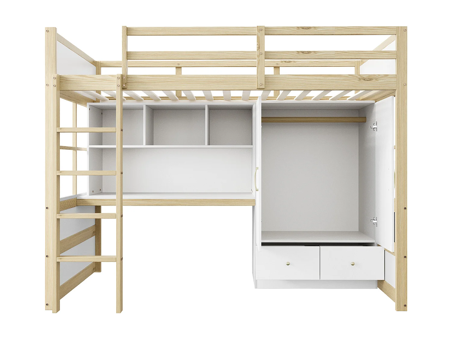 Lit mezzanine 90x200 cm - avec échelle - avec bureau - avec penderie - 2 tiroirs - naturel (matelas non inclus)