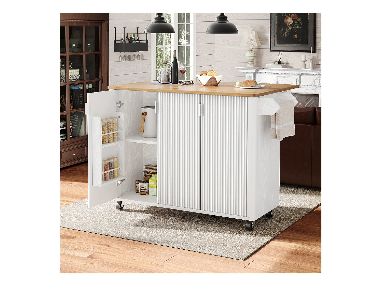 Ilot central de cuisine moderne 130x45x92cm - 3 portes - avec étagère à épices - plateau extensible - avec roulettes - Blanc