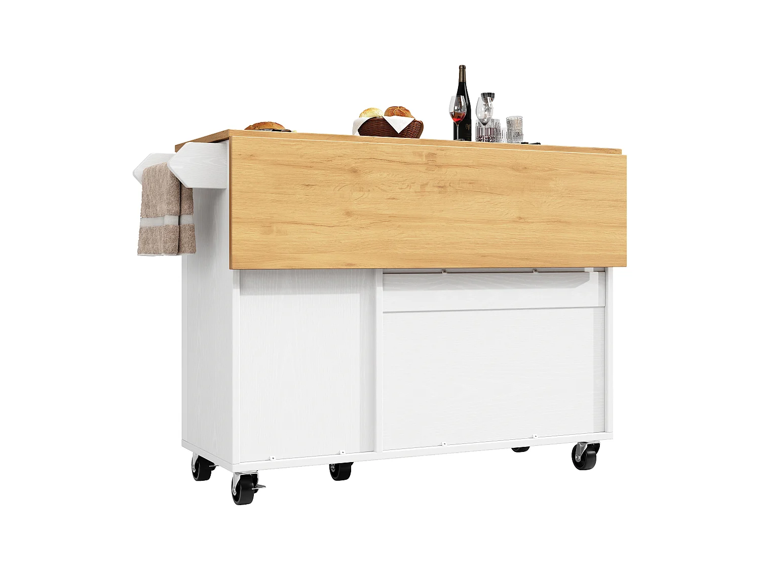 Ilot central de cuisine moderne 130x45x92cm - 3 portes - avec étagère à épices - plateau extensible - avec roulettes - Blanc