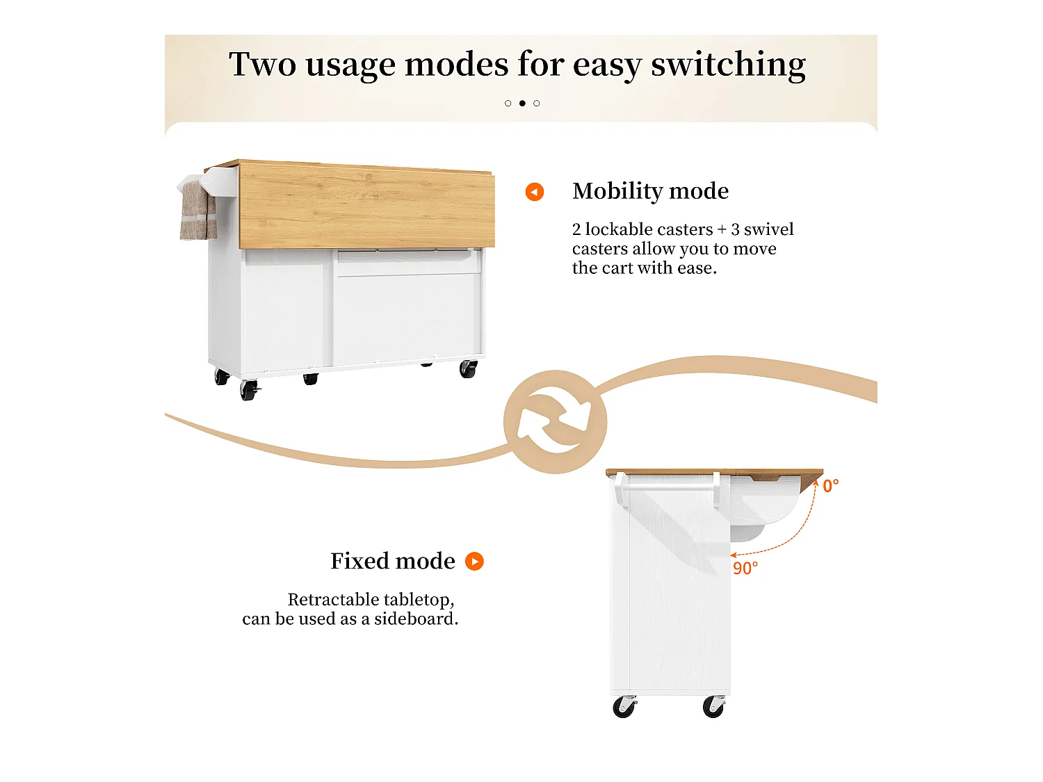 Ilot central de cuisine moderne 130x45x92cm - 3 portes - avec étagère à épices - plateau extensible - avec roulettes - Blanc