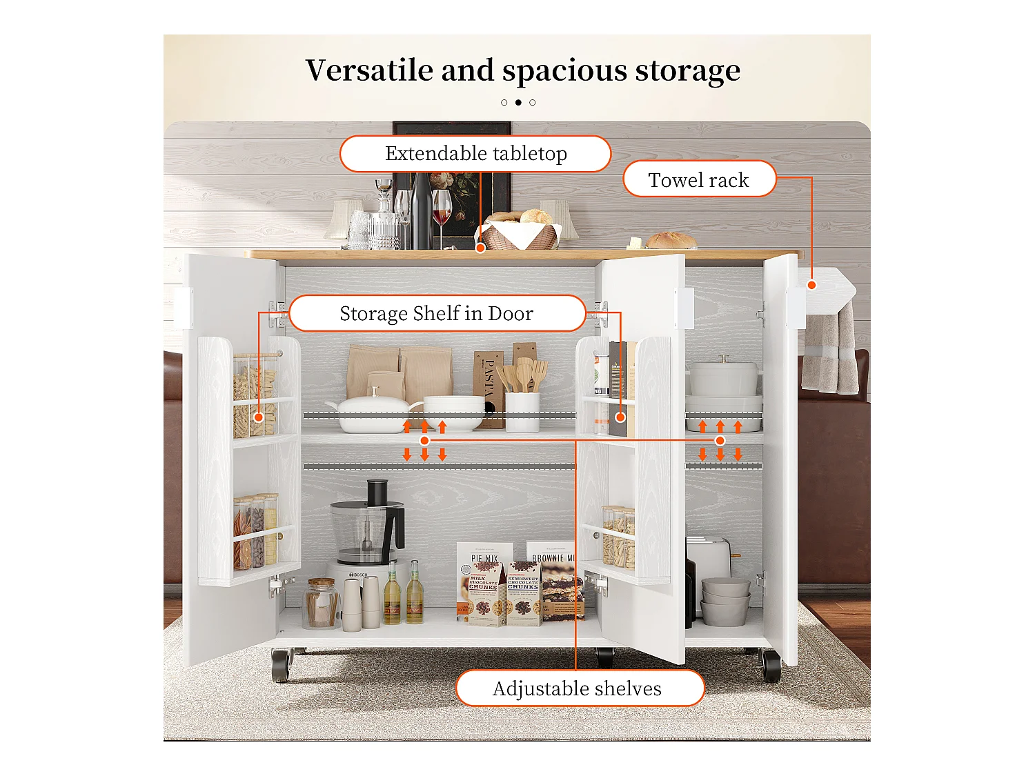Ilot central de cuisine moderne 130x45x92cm - 3 portes - avec étagère à épices - plateau extensible - avec roulettes - Blanc