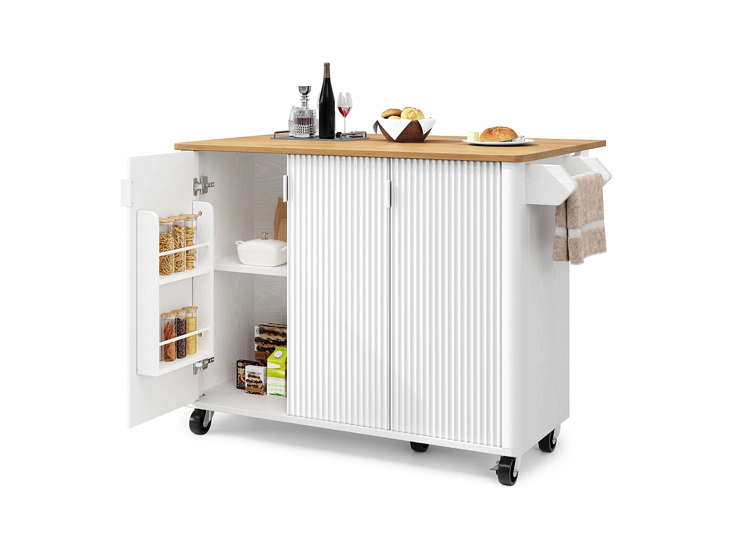 Ilot central de cuisine moderne 130x45x92cm - 3 portes - avec étagère à épices - plateau extensible - avec roulettes - Blanc