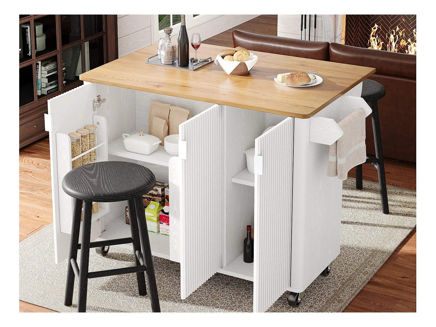 Isla de cocina moderna 130x45x92cm - 3 puertas - con estante para especias - tablero extensible - con ruedas - Blanco