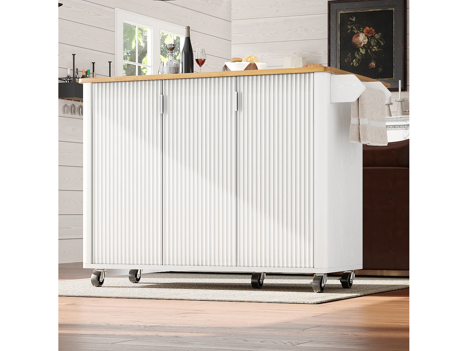 Ilot central de cuisine moderne 130x45x92cm - 3 portes - avec étagère à épices - plateau extensible - avec roulettes - Blanc